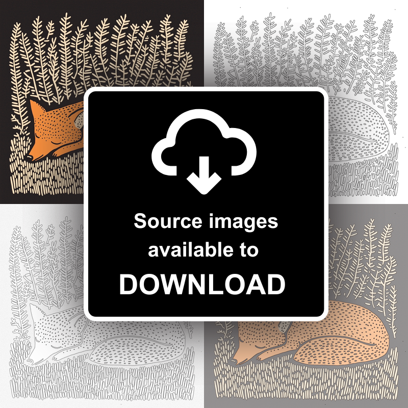 Ferns with resting fox Linoprint-Style Art (252-1)