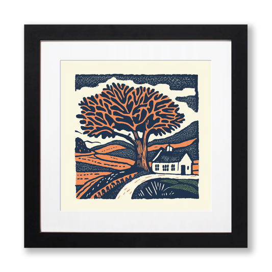 Oak tree with squirrel Linoprint-Style Art (102-2)