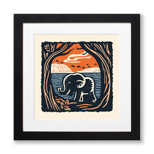 Cute Elephant Calf Linoprint-Style Art (54-1)