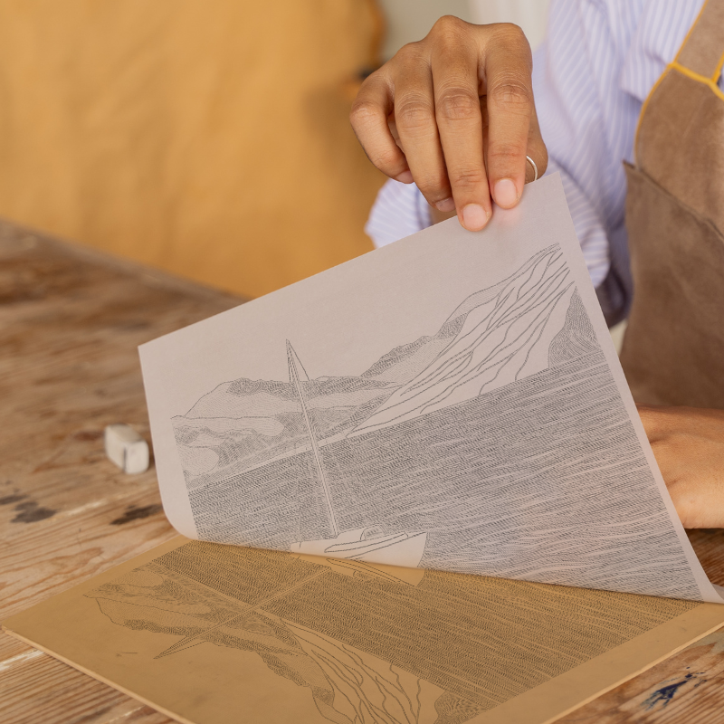 Yacht moored in quiet bay Linoprint-Style Art (2610-1)