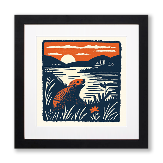 Cute Baby Beaver Linoprint-Style Art (44-1)