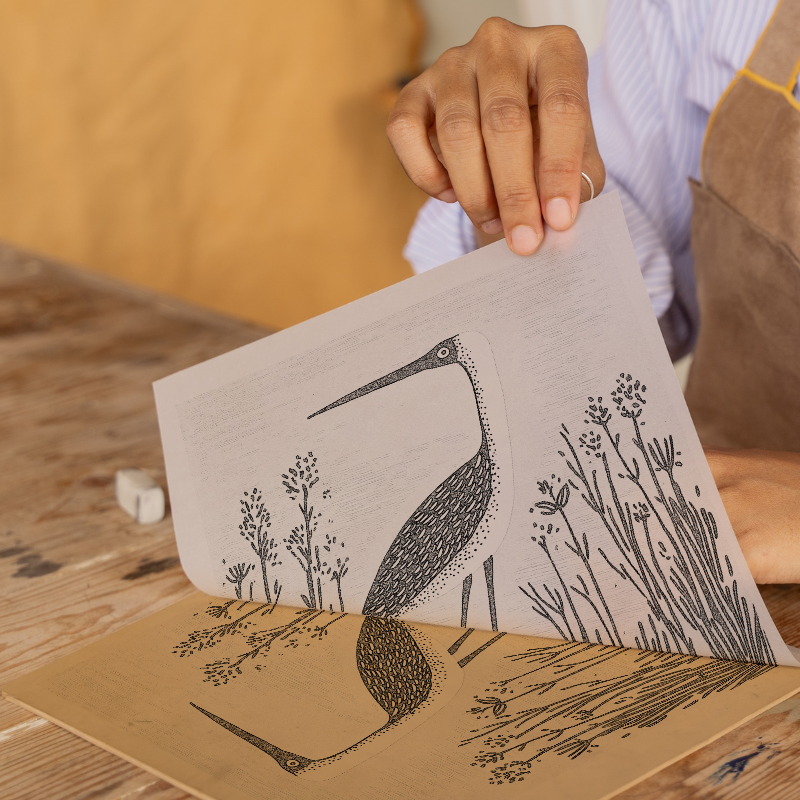 Heron in marshland Linoprint-Style Art (718-1)