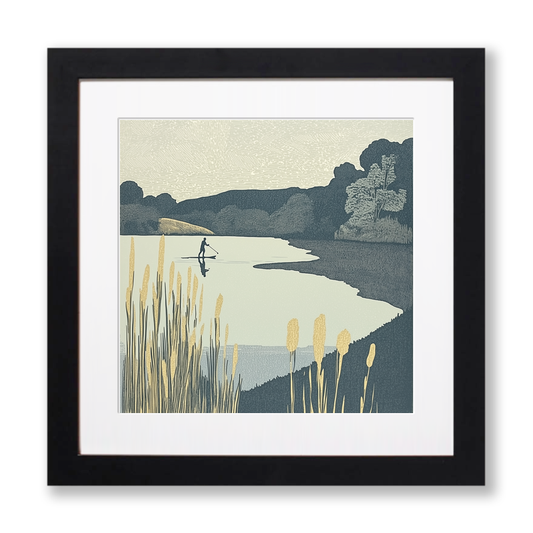 Paddleboarder on calm lake Linoprint-Style Art (2497-1)
