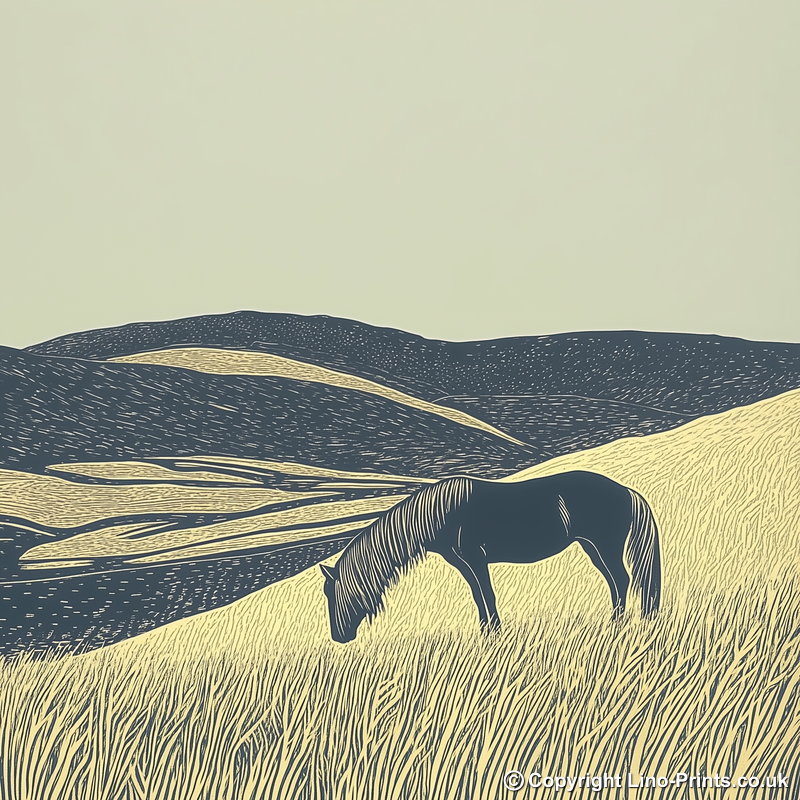 Fell pony silhouette grazing Linoprint-Style Art (2425-1)