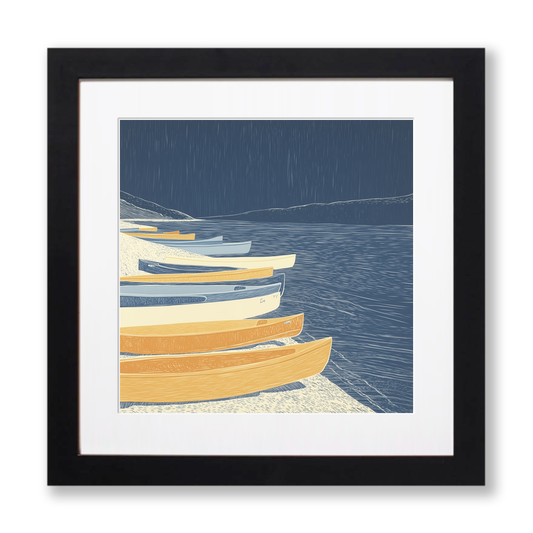 Kayaks lined up on shore Linoprint-Style Art (2469-1)