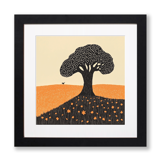 Ancient oak in a Norfolk field Linoprint-Style Art (2055-1)