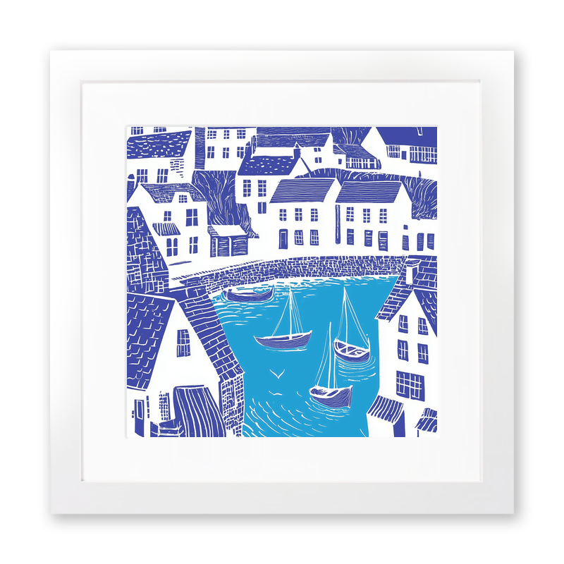 Polperro Harbour, Cornwall Linoprint-Style Art (1098-2)