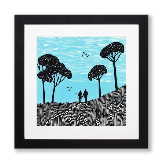 Coastal path walkers with backpacks Linoprint-Style Art (2271-1)