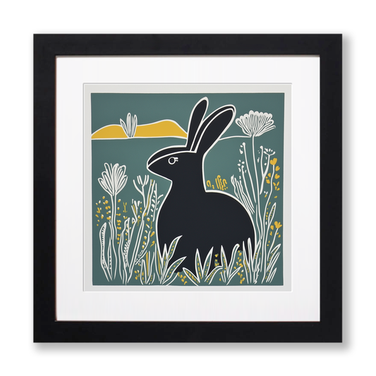 Cute Bunny Linoprint-Style Art (1194-1)