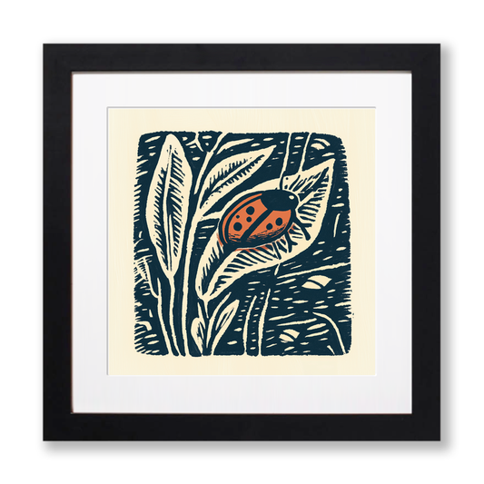 Ladybird on leaf Linoprint-Style Art (98-1)