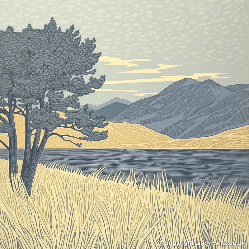 Buttermere lone pines in the Lake District Linoprint-Style Art (2378-2)
