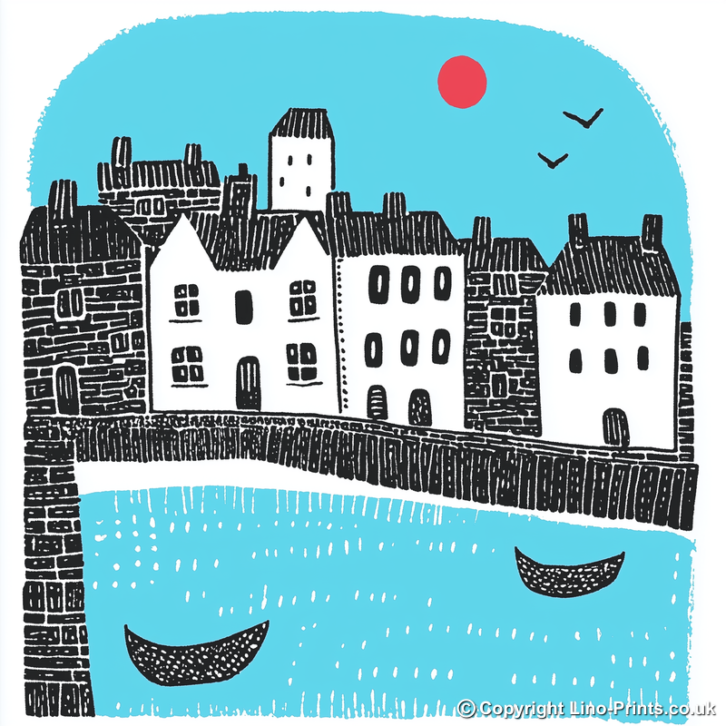 Mousehole Harbour, Cornwall Linoprint-Style Art (805-2)