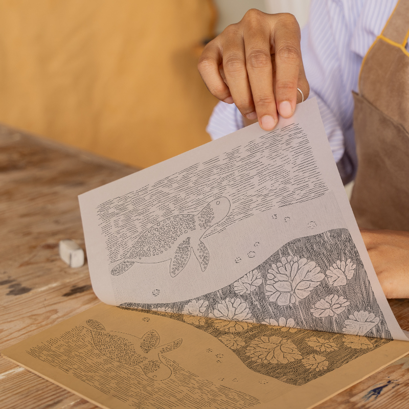 Sea turtle over coral reef Linoprint-Style Art (731-1)