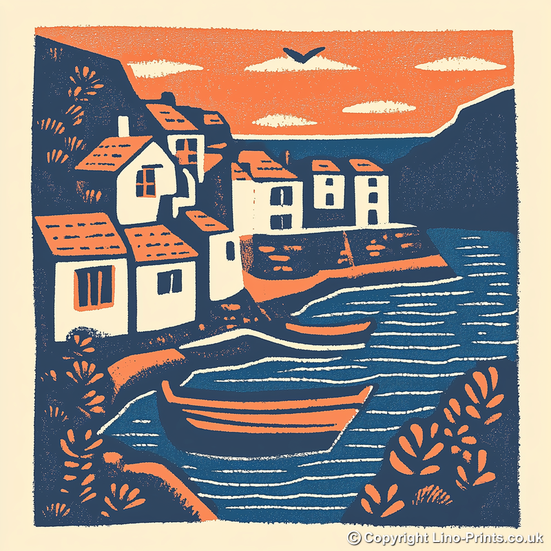 Robin Hood’s Bay, North Yorkshire Linoprint-Style Art (150-1)