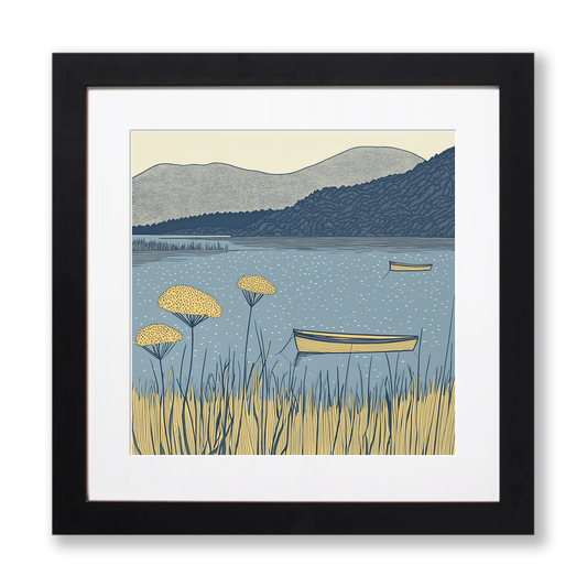 Windermere lake shore with boats Linoprint-Style Art (2604-2)