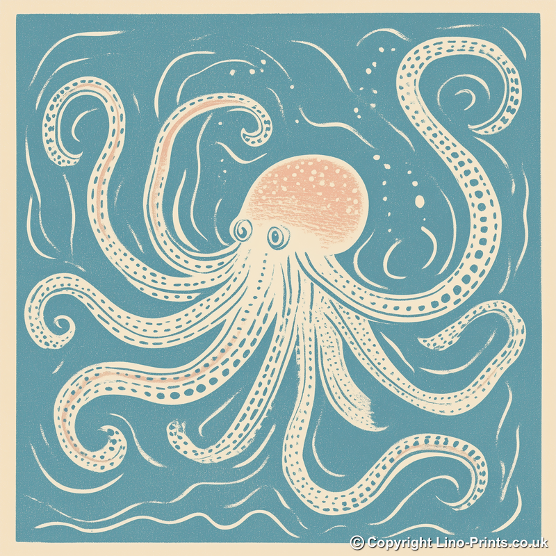 Octopus with swirling tentacles Linoprint-Style Art (496-2)