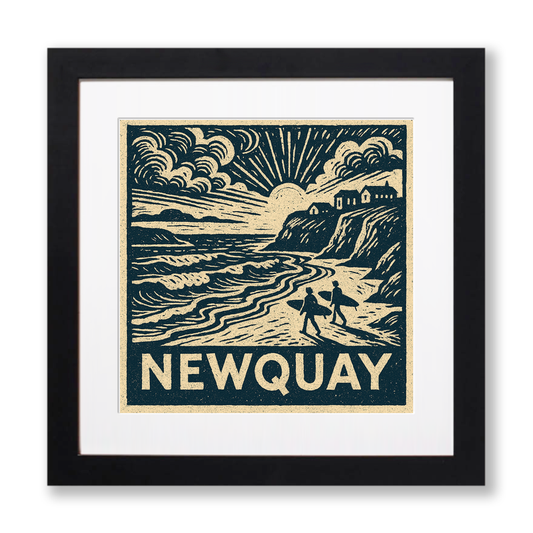 Newquay Beach Linoprint-Style Art (c1-1)