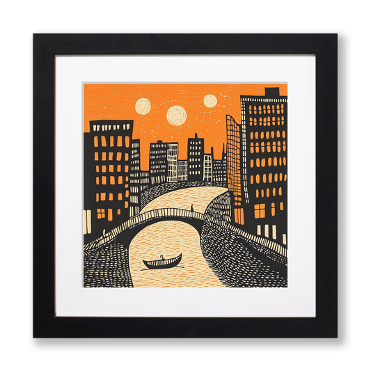 Amsterdam canal at twilight Linoprint-Style Art (164-2)