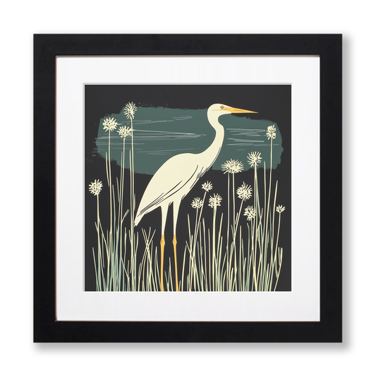 Egret stalking in the reeds Linoprint-Style Art (1882-1)