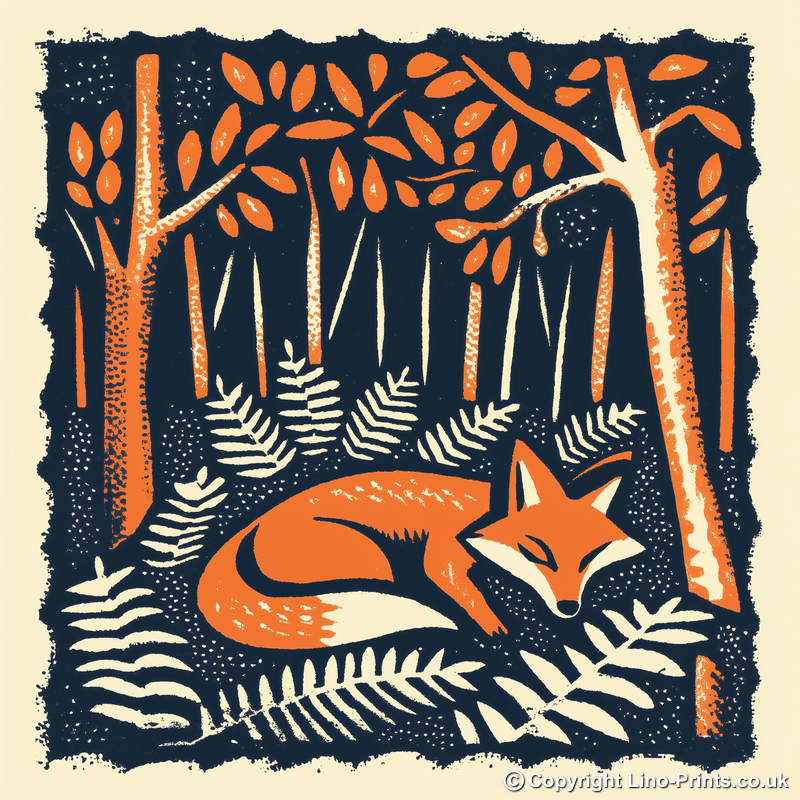 Ferns with resting fox Linoprint-Style Art (90-2)