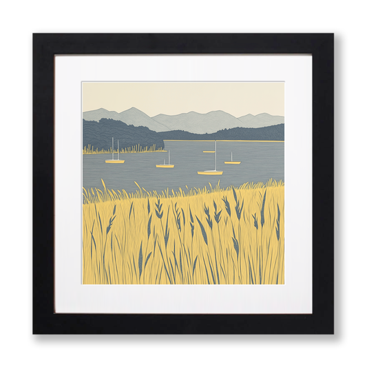 Windermere lake shore with boats Linoprint-Style Art (2604-1)