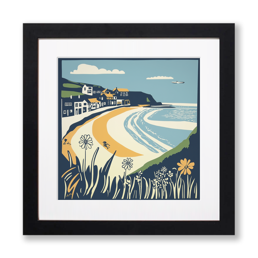 Newquay Beach Linoprint-Style Art (1183-1)