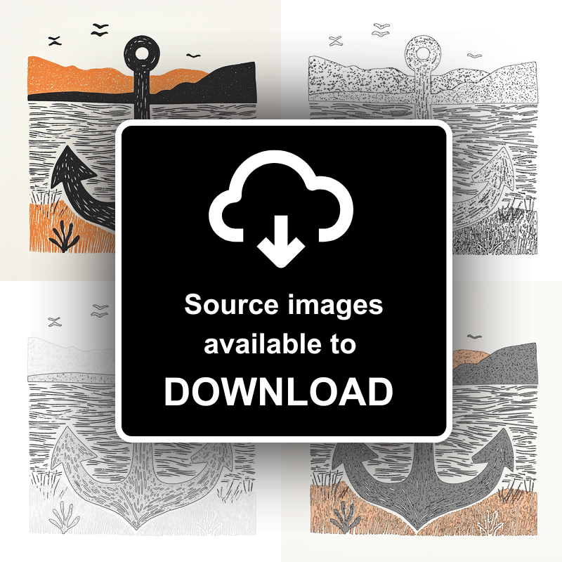 Rusty anchor buried in the shore Linoprint-Style Art (2123-1)