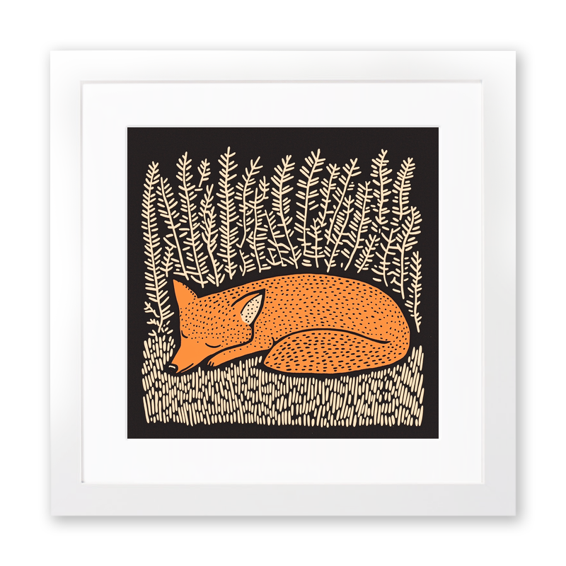 Ferns with resting fox Linoprint-Style Art (252-1)