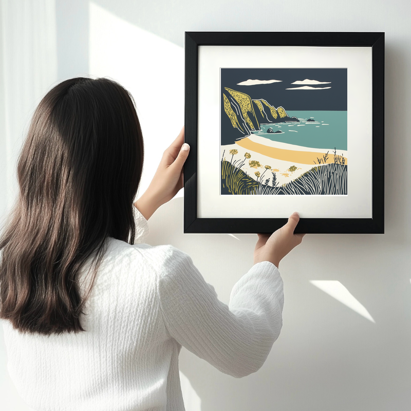 Porthcurno Beach Linoprint-Style Art (1186-1)