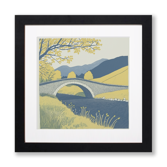 River Greta Keswick bridge Linoprint-Style Art (2519-2)