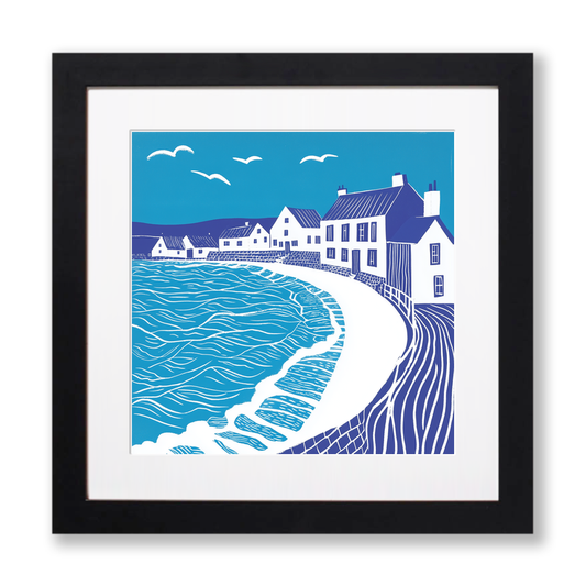 West Bay, Dorset Linoprint-Style Art (1115-1)