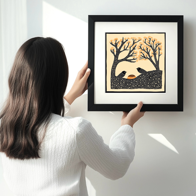 Brambles with birds nesting Linoprint-Style Art (248-1)