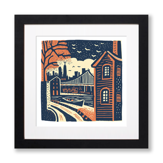 New York Brooklyn Bridge Linoprint-Style Art (22-4)