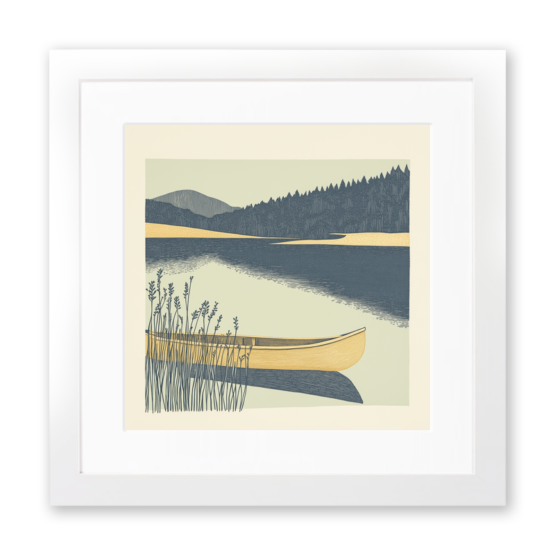 Kayak or canoe on a quiet lake Linoprint-Style Art (2466-1)