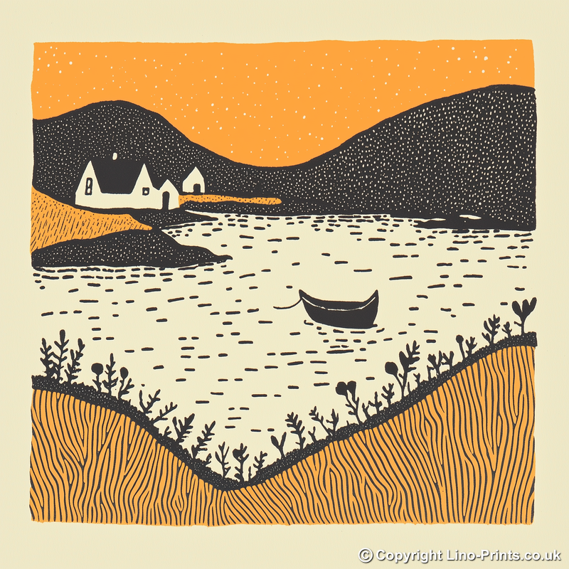 Portree Harbour, Isle of Skye Linoprint-Style Art (310-1)