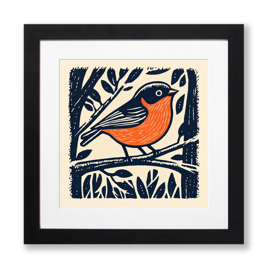 Robin on frosty branch Linoprint-Style Art (107-1)