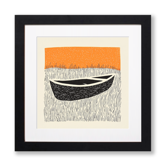 Beached dinghy in the mud Linoprint-Style Art (2059-1)
