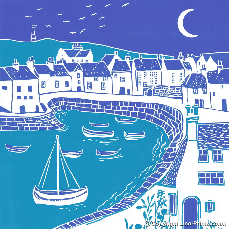 Mousehole Harbour, Cornwall Linoprint-Style Art (1096-1)