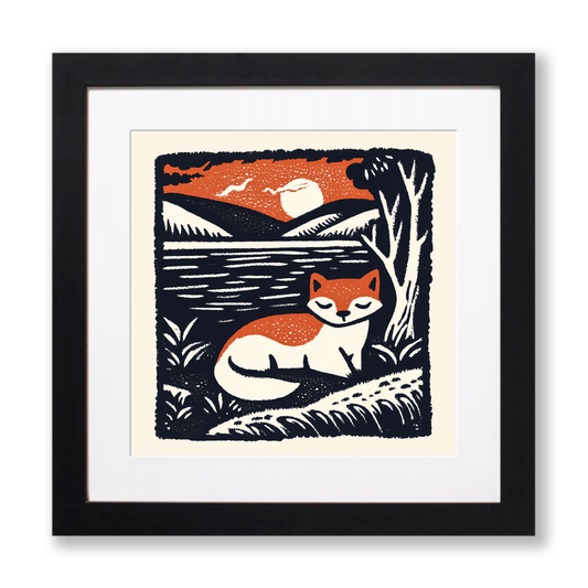 Cute Arctic Fox Pup Linoprint-Style Art (42-1)