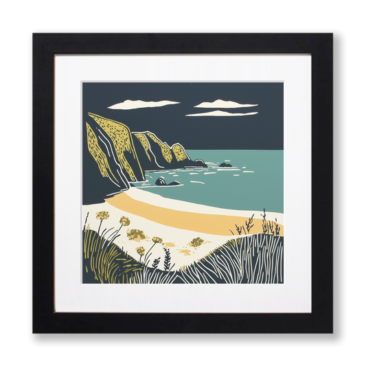 Porthcurno Beach Linoprint-Style Art (1186-1)