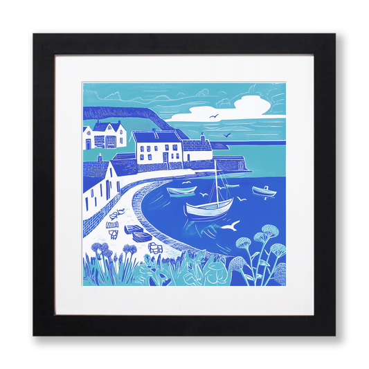 Coverack, Cornwall Linoprint-Style Art (1084-2)