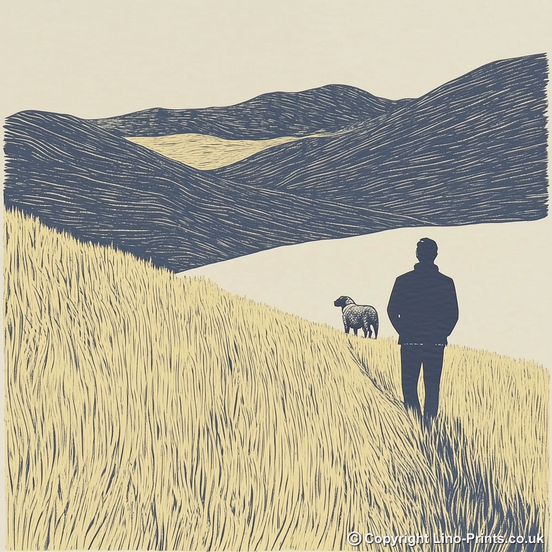 Shepherd and sheepdog silhouette Linoprint-Style Art (2545-1)