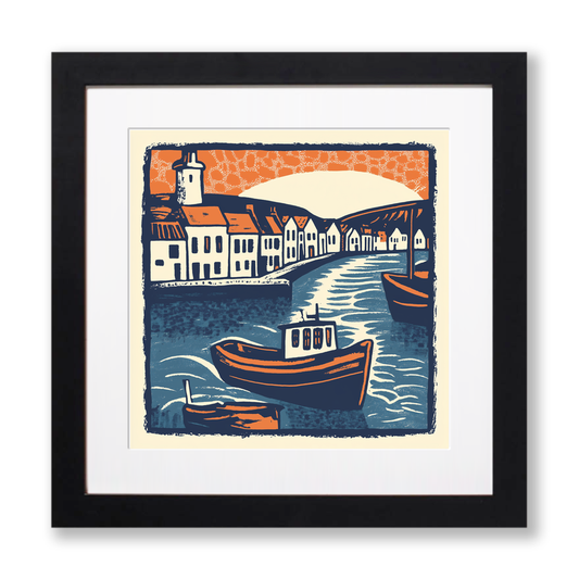 Mevagissey Harbour Linoprint-Style Art (501-1)