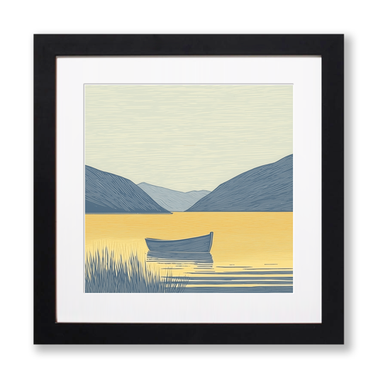 Rowing boat silhouette on calm lake Linoprint-Style Art (2523-2)
