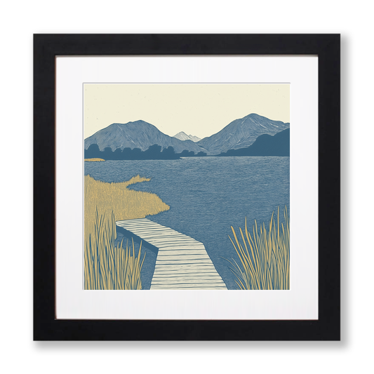 Derwentwater jetties and islands Linoprint-Style Art (2405-2)