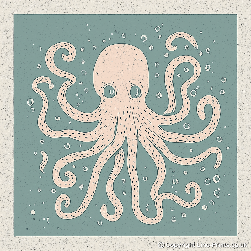Octopus with swirling tentacles Linoprint-Style Art (496-1)