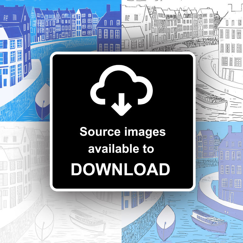 Amsterdam canal at twilight Linoprint-Style Art (836-1)