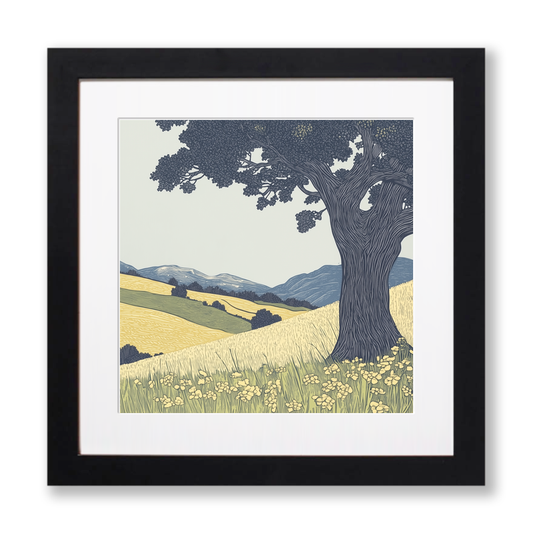 Ancient Oak tree in a valley Linoprint-Style Art (2356-2)