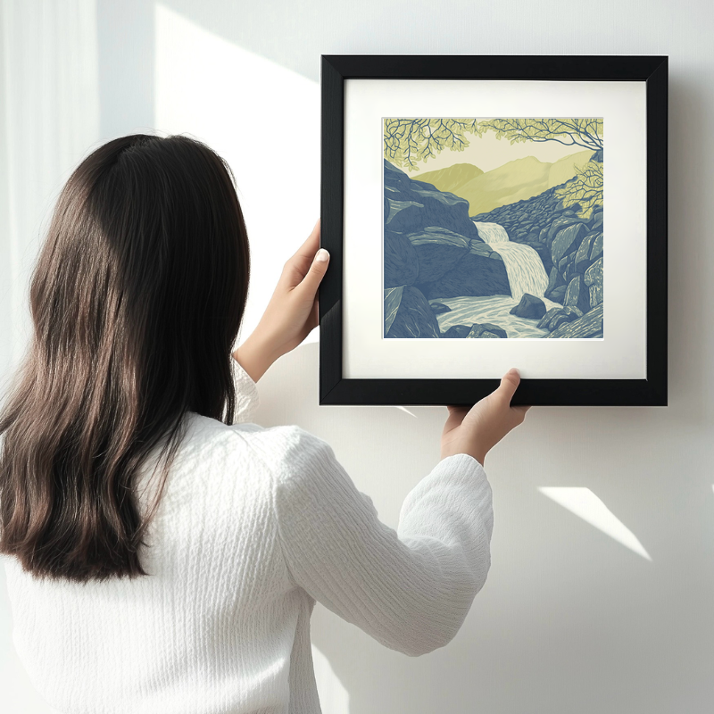 Aira Force waterfall in the Lake District Linoprint-Style Art (2355-4)