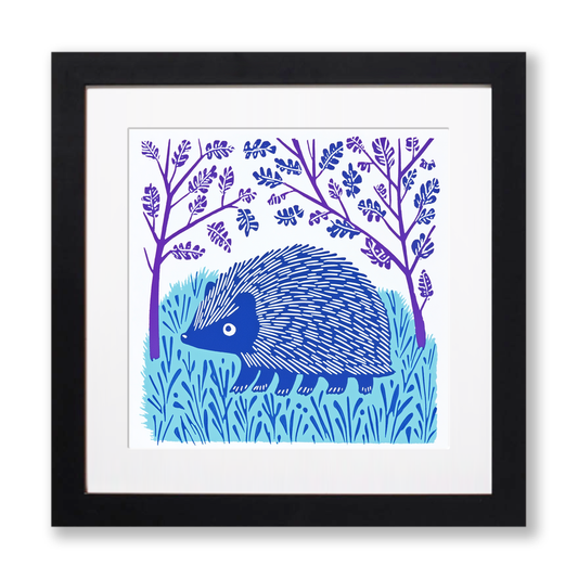 Hedgehog in autumn leaves Linoprint-Style Art (1008-1)